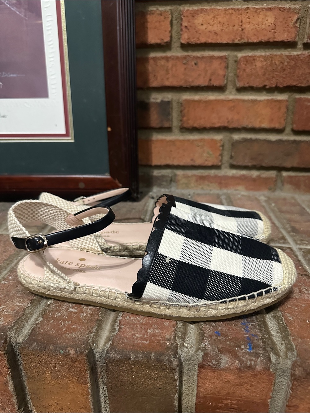 kate spadeBONNIE Black & White Gingham Espadrille Slingbacks with Scalloped Trim
